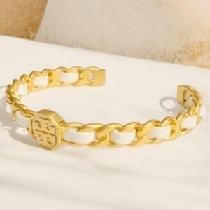 Tory Burch MARION Logo Woven Leather Cuff Chain Bracelet